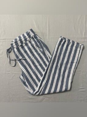 Per Se Linen Blend Striped Wide Leg Pants Women's Large Blue White Coastal Beach